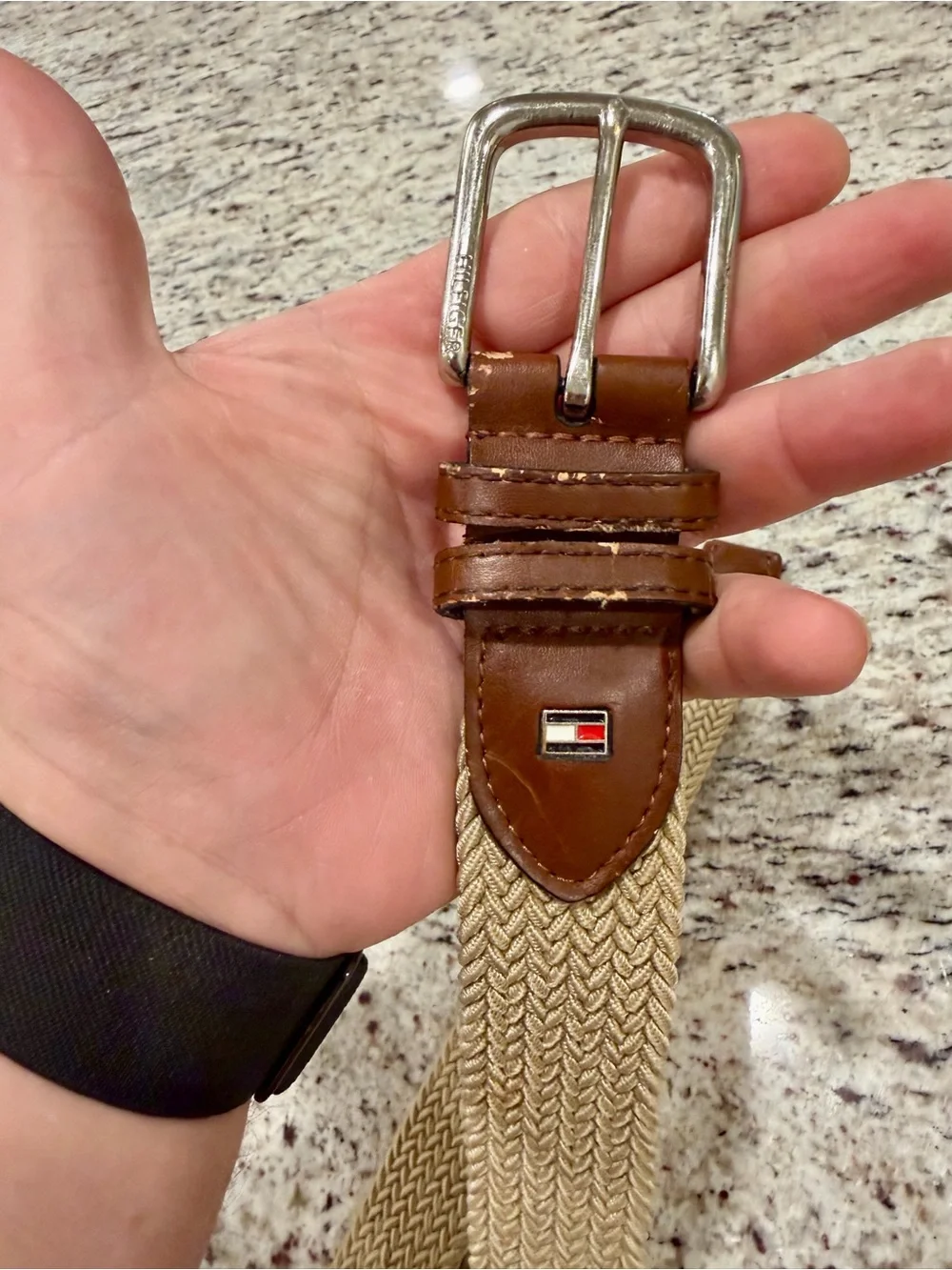 Vtg Y2K Tommy Hilfiger Mens 36-38 Braided Stretch Belt Khaki Brown Leather Logo